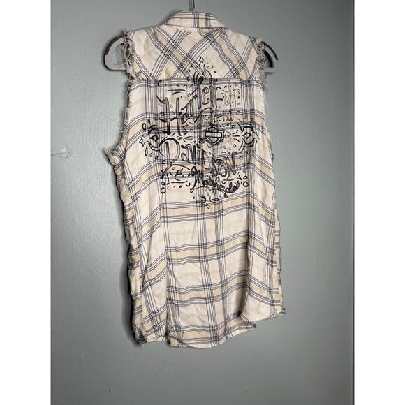 Harley Davidson cream and‎ black plaid back spell out sleeve cut off top - Picture 3 of 6